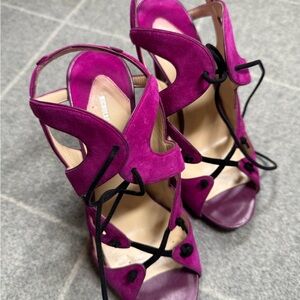 Nicholas Kirkwood magenta Suede Peep Toe Lace Up Platform Sandals Size 38